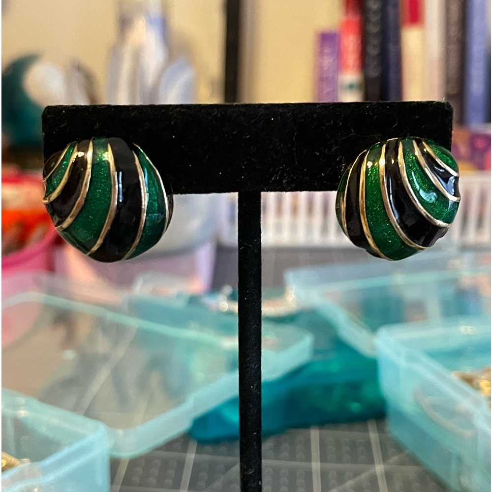 Gold-tone green and black painted earrings